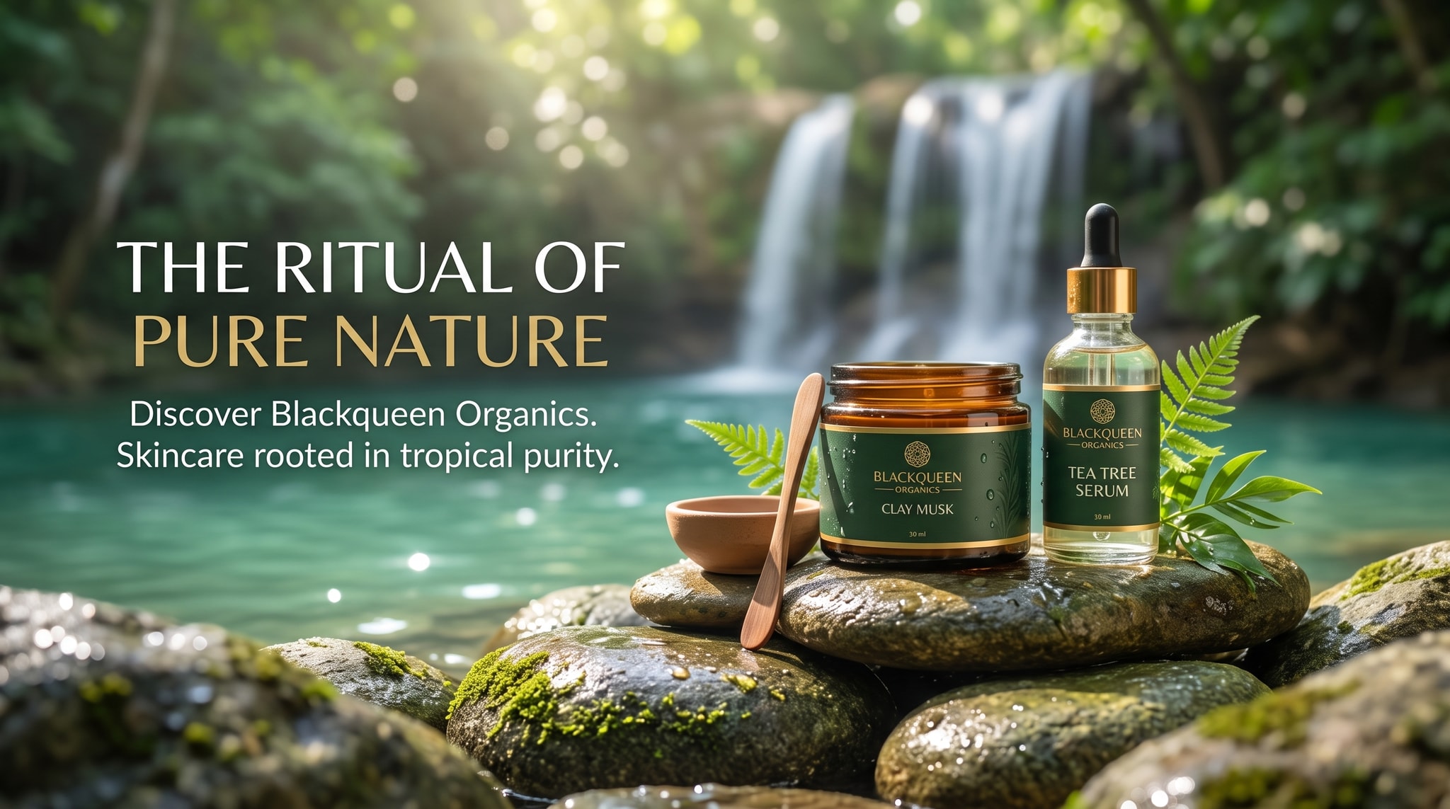 Black Queen Organics Clay Musk and botanical serum displayed beside a waterfall